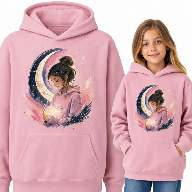 Bluza dziewczęca z kapturem - dziewczynka z magiczną kulą na tle księżyca