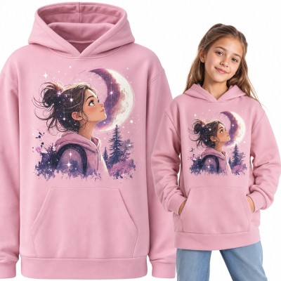 Bluza dziewczęca z kapturem - dziewczynka patrząca na księżyc i gwiazdy