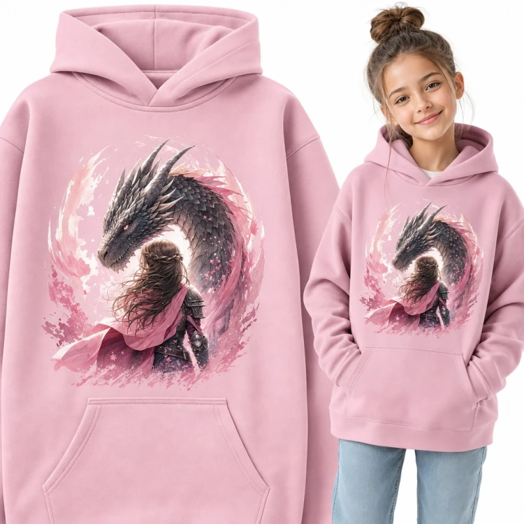 Bluza dziewczęca z kapturem - wojowniczka w zbroi i czarny smok fantasy