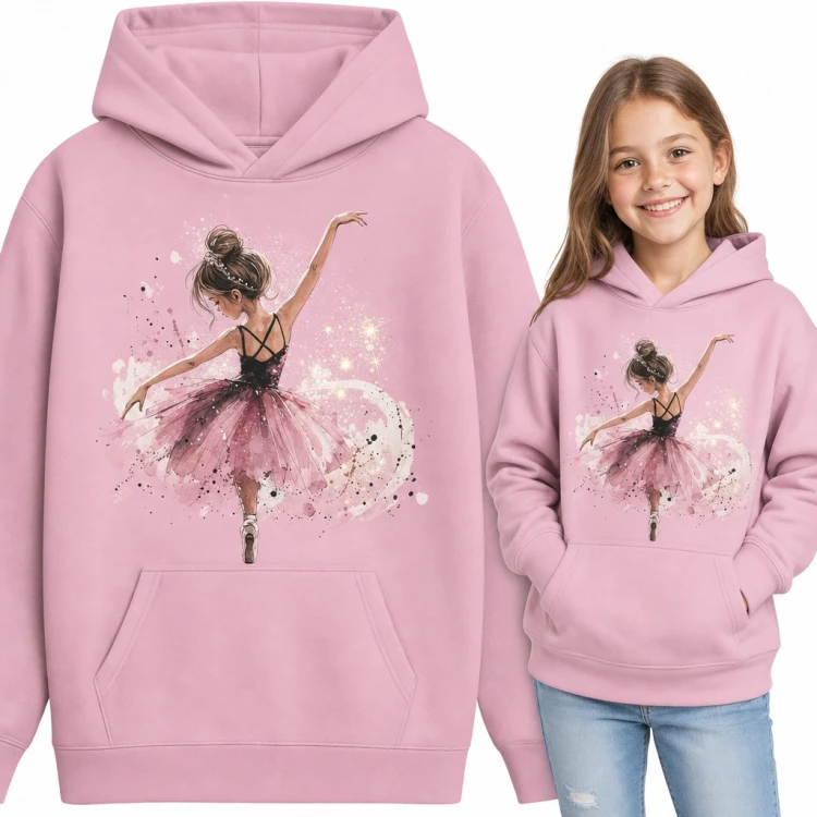 Bluza dziewczęca z kapturem - akwarelowa baletnica w tutu z iskrami dla małej tancerki