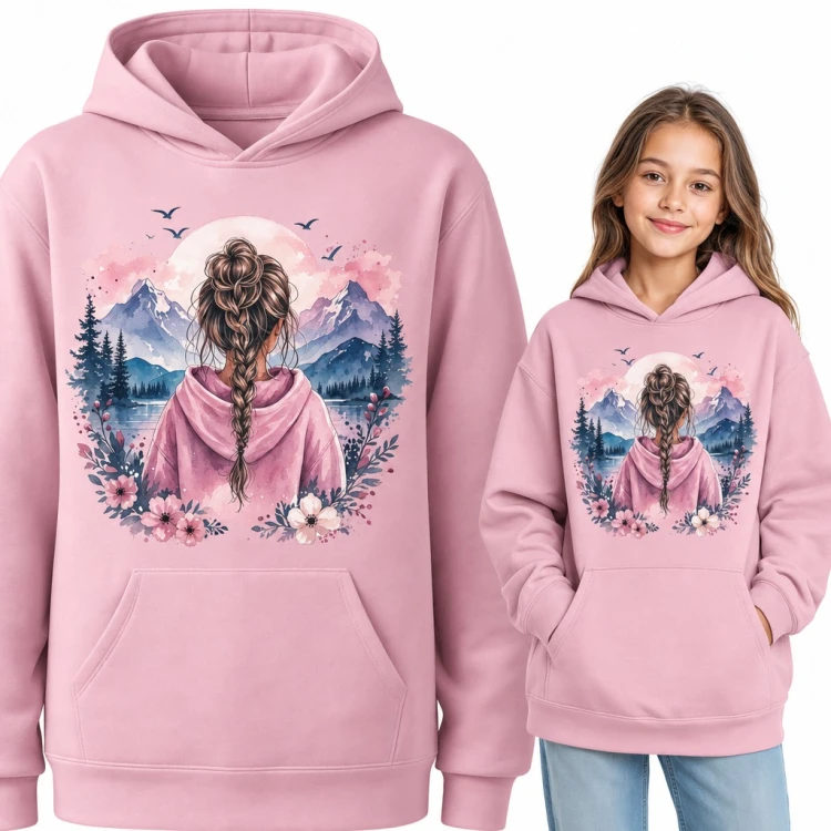 Bluza dziewczęca z kapturem - dziewczynka z warkoczem patrząca na góry, akwarela
