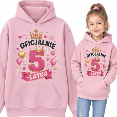Bluza dziewczęca z kapturem na 5 urodziny - „Oficjalnie 5 -latka” ze złotą koroną