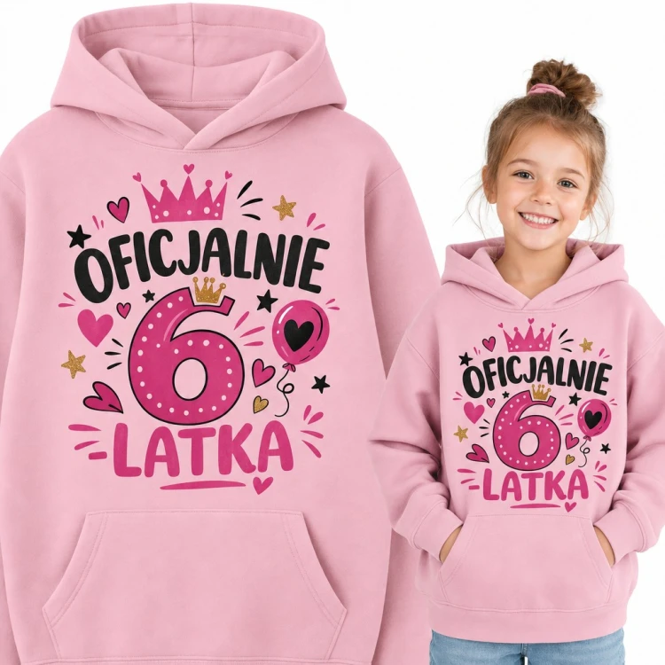 Bluza dziewczęca z kapturem na 6 urodziny - „Oficjalnie 6 latka” z koroną i balonem