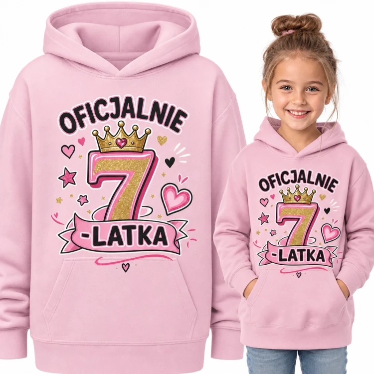 Bluza dziewczęca z kapturem „Oficjalnie 7-latka” - na 7 urodziny z koroną i serduszkami