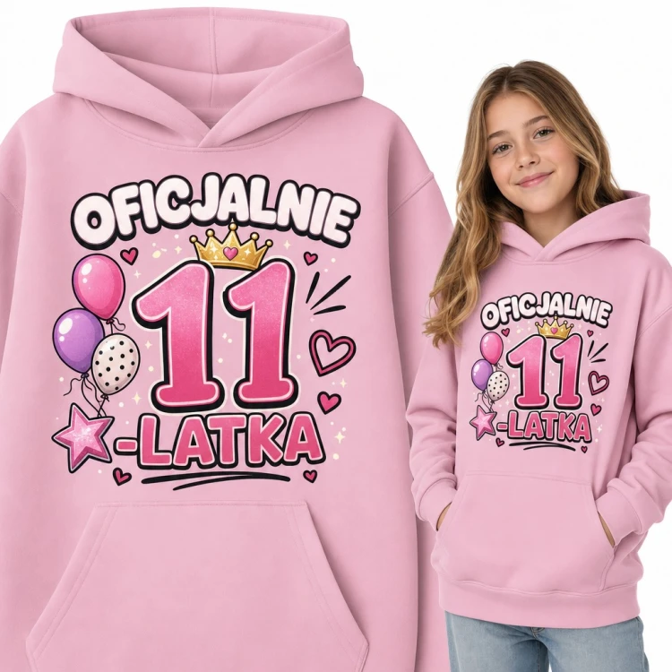 Bluza dziewczęca z kapturem „Oficjalnie 11-latka” na 11 urodziny z koroną i balonami