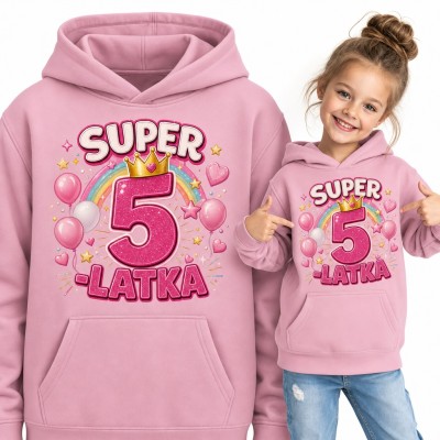 Bluza dziewczęca z kapturem „Super 5-latka” - na 5 urodziny z koroną i tęczą