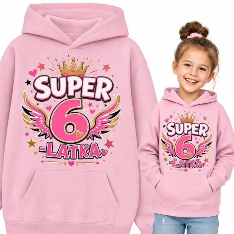 Bluza dziewczęca z kapturem na 6 urodziny - „Super 6-latka” z koroną i skrzydłami