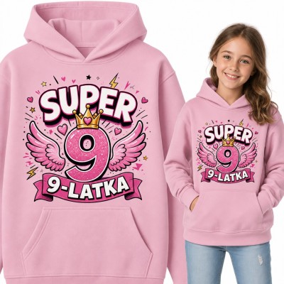 Bluza dziewczęca z kapturem na 9 urodziny „Super 9 9-latka” z koroną i skrzydłami