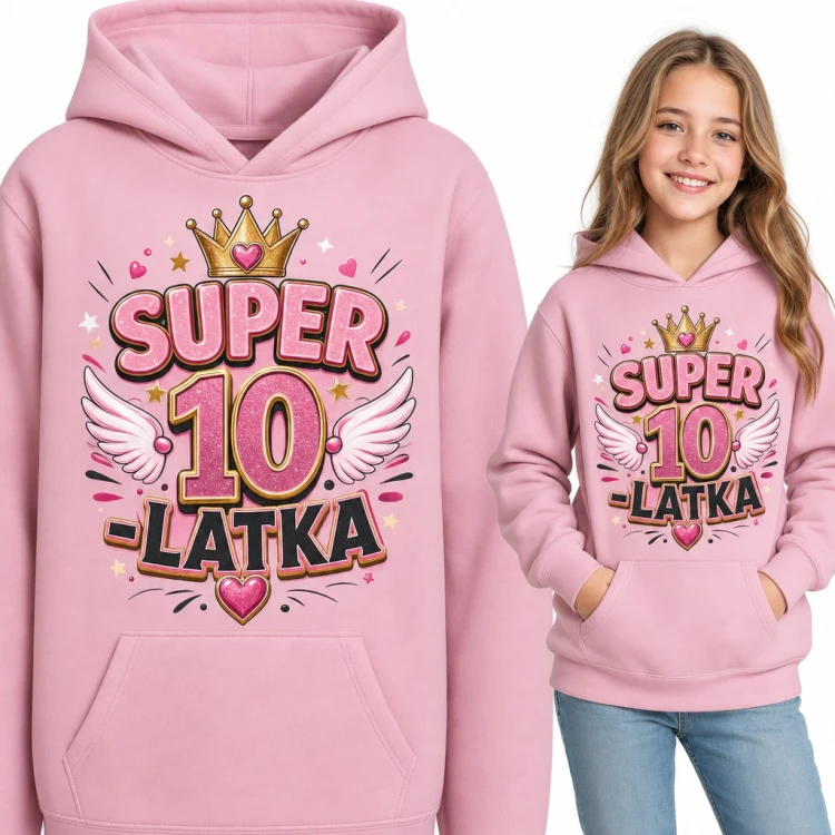 Bluza dziewczęca z kapturem „Super 10-latka” na 10 urodziny - złota korona i skrzydełka