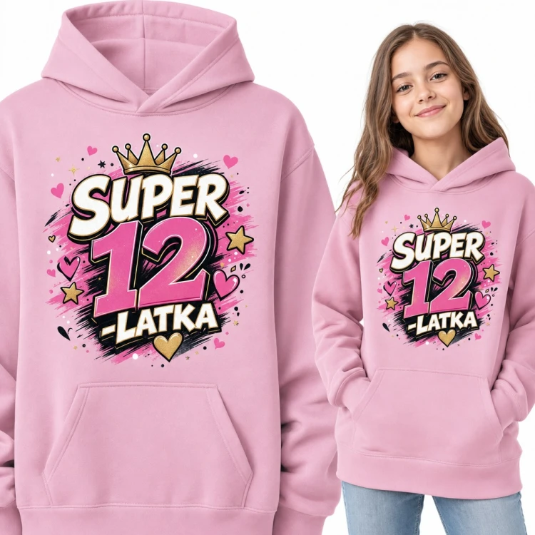 Bluza dziewczęca z kapturem na 12 urodziny - „Super 12-latka” ze złotą koroną