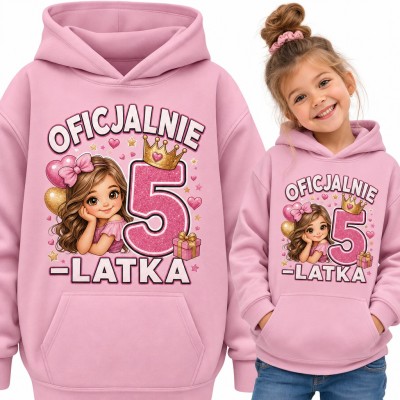 Bluza dziewczęca z kapturem „Oficjalnie 5-latka” - na 5 urodziny z koroną i dziewczynką