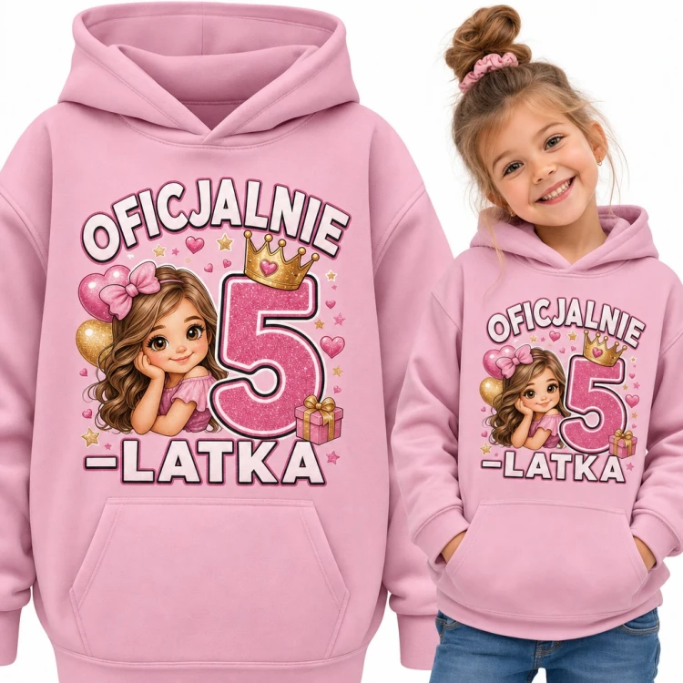Bluza dziewczęca z kapturem „Oficjalnie 5-latka” - na 5 urodziny z koroną i dziewczynką