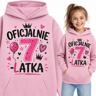 Bluza dziewczęca z kapturem na 7 urodziny - „Oficjalnie 7-latka” z koronami i balonem