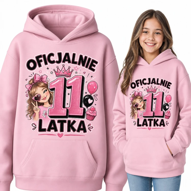 Bluza dziewczęca z kapturem - „Oficjalnie 11 latka” na 11 urodziny z koroną