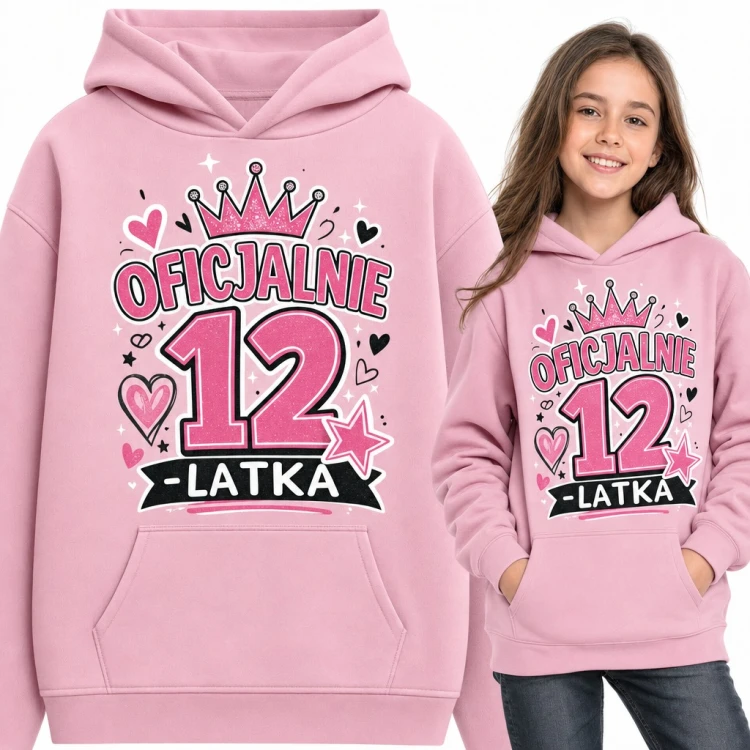 Bluza dziewczęca z kapturem „Oficjalnie 12-latka” na 12 urodziny z koroną