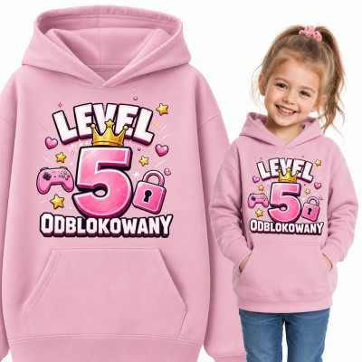 Bluza dziewczęca z kapturem „Level 5 odblokowany” - gamingowa na 5 urodziny z koroną