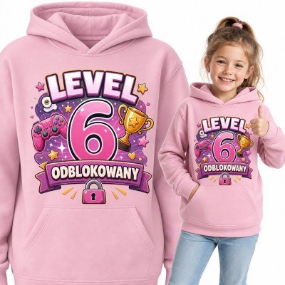Bluza dziewczęca z kapturem „Level 6 odblokowany” - na 6 urodziny dla małej gamerki