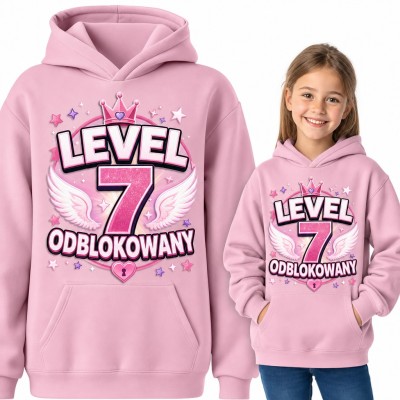 Bluza dziewczęca z kapturem „Level 7 odblokowany” na 7 urodziny z koroną i skrzydłami