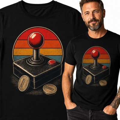 Koszulka męska z joystickiem arcade i żetonami - retro gaming