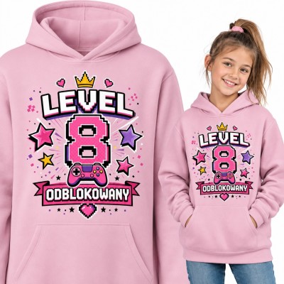 Bluza dziewczęca z kapturem na 8 urodziny - „Level 8 odblokowany” z padem dla gamerki