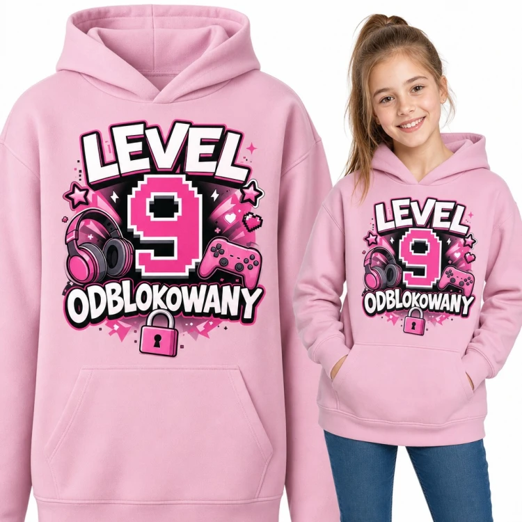 Bluza dziewczęca z kapturem na 9 urodziny - „Level 9 odblokowany” dla gamerki