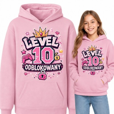 Bluza dziewczęca z kapturem na 10 urodziny - „Level 10 odblokowany” z koroną i padem