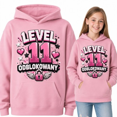Bluza dziewczęca z kapturem na 11 urodziny - „Level 11 odblokowany” w stylu gamingowym