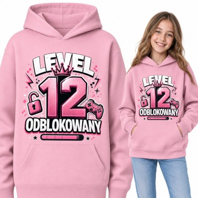Bluza dziewczęca z kapturem na 12 urodziny - „Level 12 odblokowany” z koroną i padem