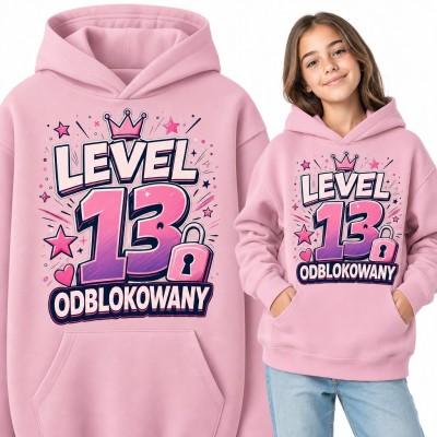 Bluza dziewczęca z kapturem „Level 13 odblokowany” - prezent na 13 urodziny dla gamerki