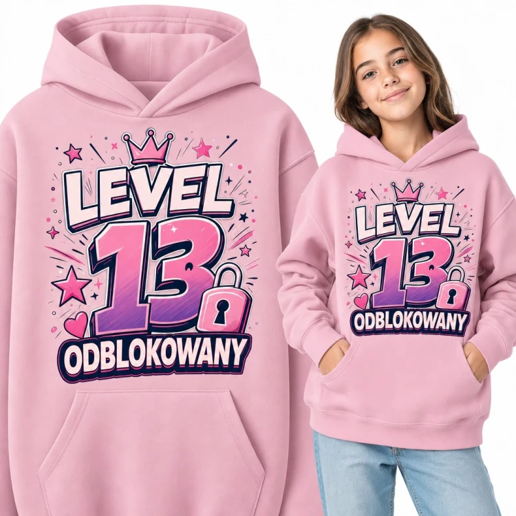 Bluza dziewczęca z kapturem „Level 13 odblokowany” - prezent na 13 urodziny dla gamerki