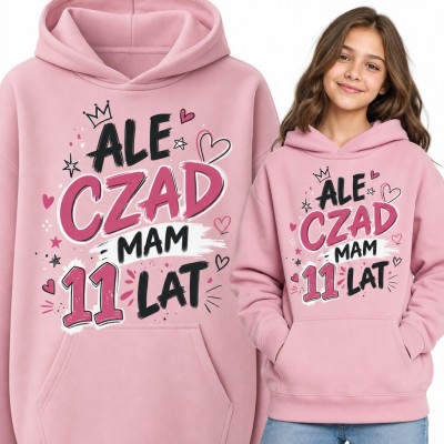 Bluza dziewczęca z kapturem „Ale czad mam 11 lat” - na 11 urodziny z koronką i serduszkami