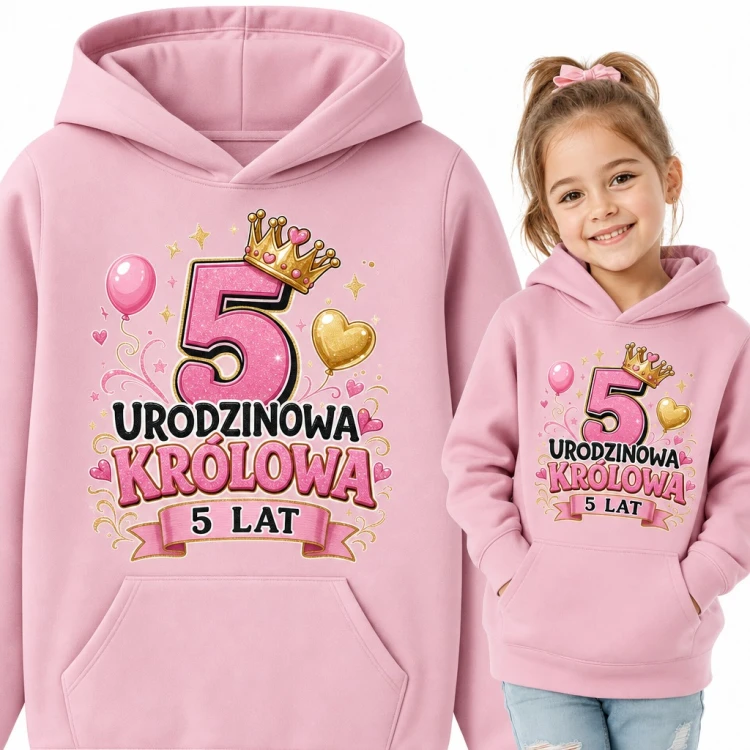 Bluza dziewczęca z kapturem na 5 urodziny - „Urodzinowa królowa 5 lat” z koroną