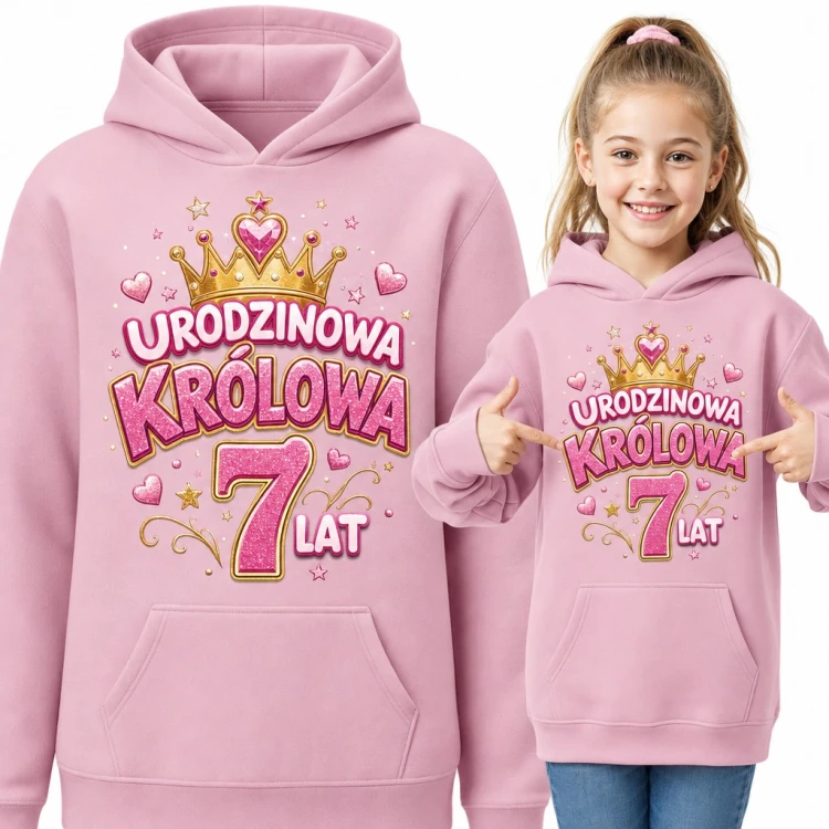 Bluza dziewczęca z kapturem na 7 urodziny - „Urodzinowa królowa 7 lat” ze złotą koroną