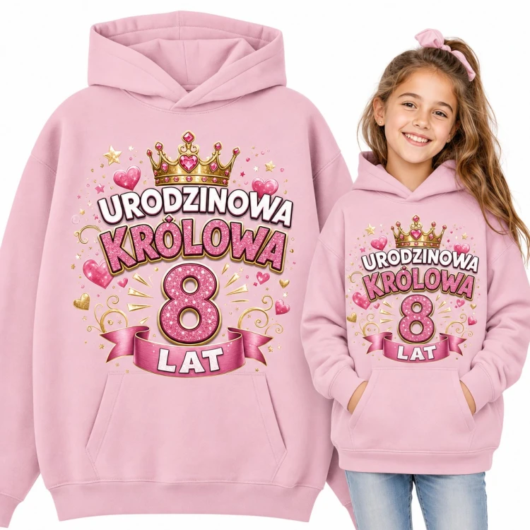 Bluza dziewczęca z kapturem na 8 urodziny „Urodzinowa królowa 8 lat” - złota korona i serca