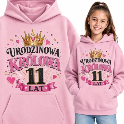 Bluza dziewczęca z kapturem na 11 urodziny - „Urodzinowa królowa 11 lat” z sercami