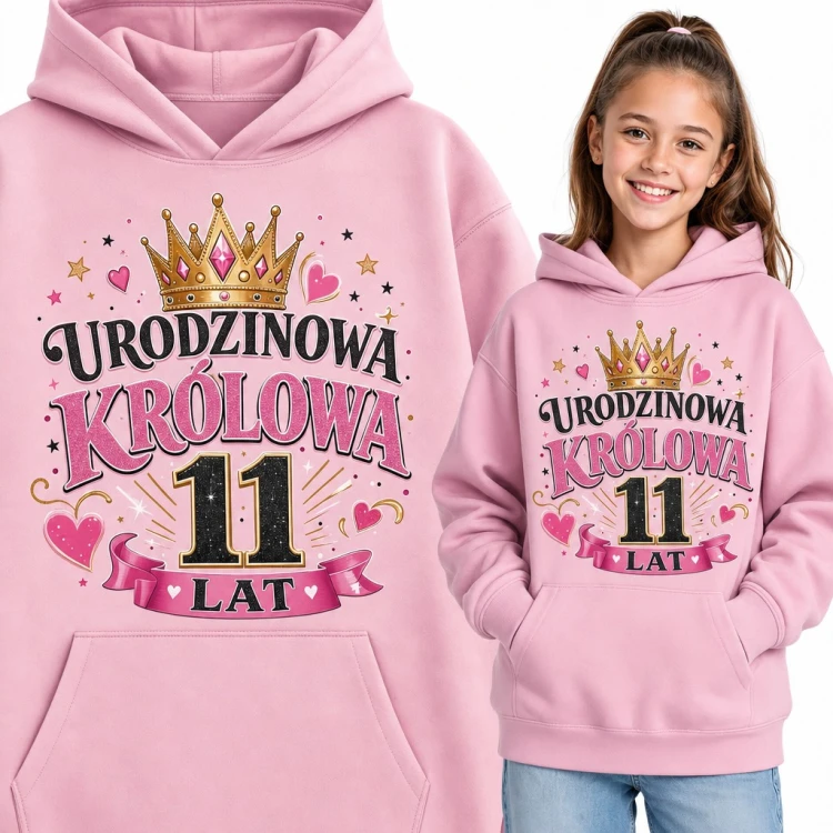 Bluza dziewczęca z kapturem na 11 urodziny - „Urodzinowa królowa 11 lat” z sercami