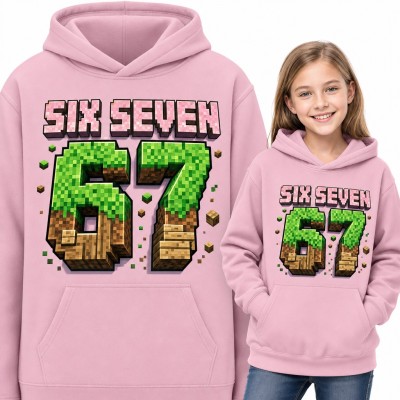 Bluza dziewczęca z kapturem „Six Seven 67” - pikselowy mem w stylu gry z bloków