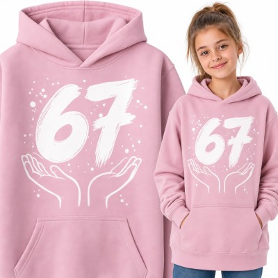 Bluza dziewczęca z kapturem - mem „67” Six Seven z dłońmi