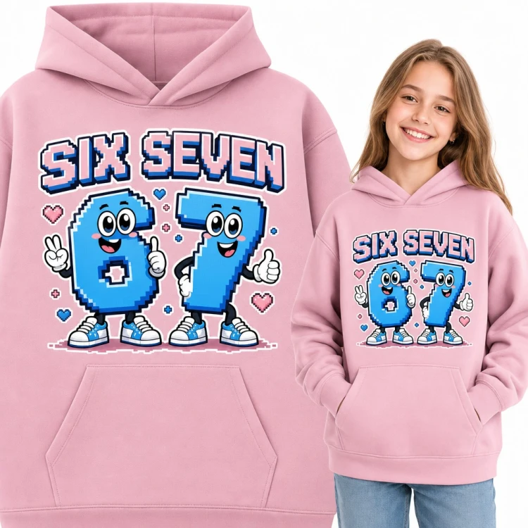 Bluza dziewczęca z kapturem - mem 67 „Six Seven” z pikselowymi cyframi w trampkach