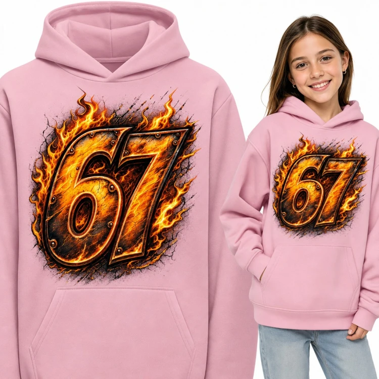 Bluza dziewczęca z kapturem - płonący mem „67” Six Seven