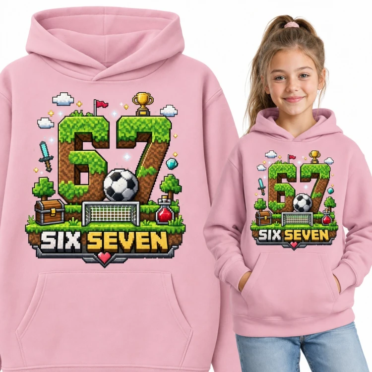 Bluza dziewczęca z kapturem - mem 67 „Six seven” w pikselowym świecie z piłką