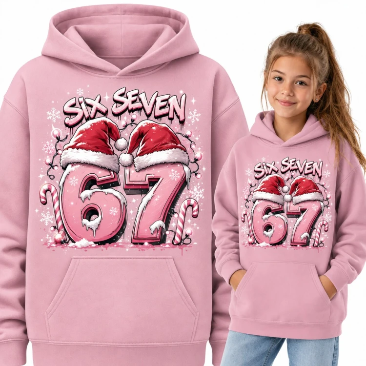 Bluza dziewczęca z kapturem - „Six Seven 67” w czapkach Mikołaja