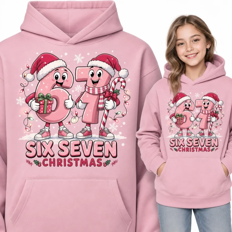 Bluza dziewczęca z kapturem „Six Seven Christmas” - świąteczne cyfry 67 w czapkach Mikołaja