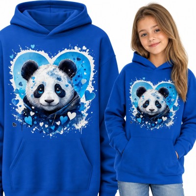 Bluza dziewczęca z kapturem - panda w kapturze na tle błękitnego serca