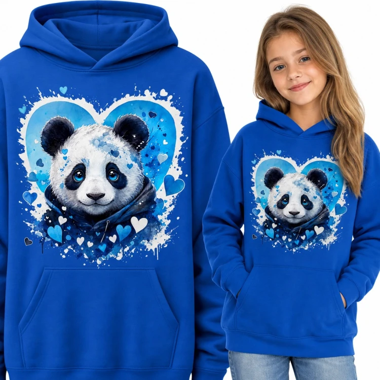 Bluza dziewczęca z kapturem - panda w kapturze na tle błękitnego serca