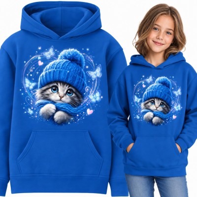Bluza dziewczęca z kapturem - kotek w czapce z pomponem i motyle