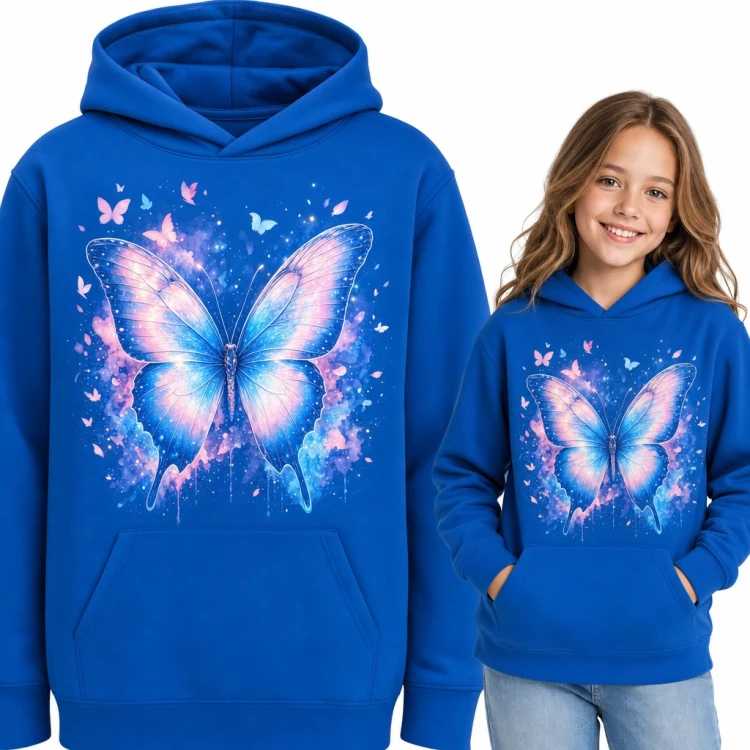Bluza dziewczęca z kapturem - pastelowy motyl w kosmicznej akwareli