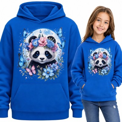 Bluza dziewczęca z kapturem - panda w wianku z kwiatów i motyle na tle księżyca