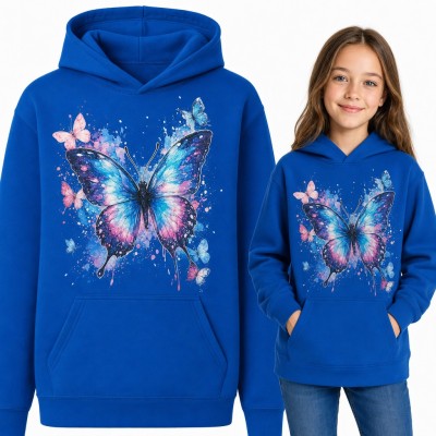 Bluza dziewczęca z kapturem - akwarelowy motyl w błękicie i różu
