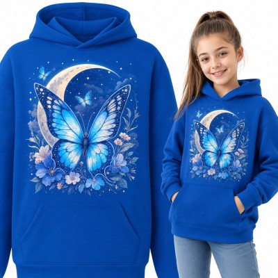 Bluza dziewczęca z kapturem - niebieski motyl na tle półksiężyca i kwiatów